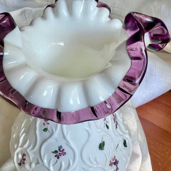 Vintage Fenton Milk Glass Spanish Lace Vase, Hand Painted Vintage Fenton vase - Picture 3 of 10